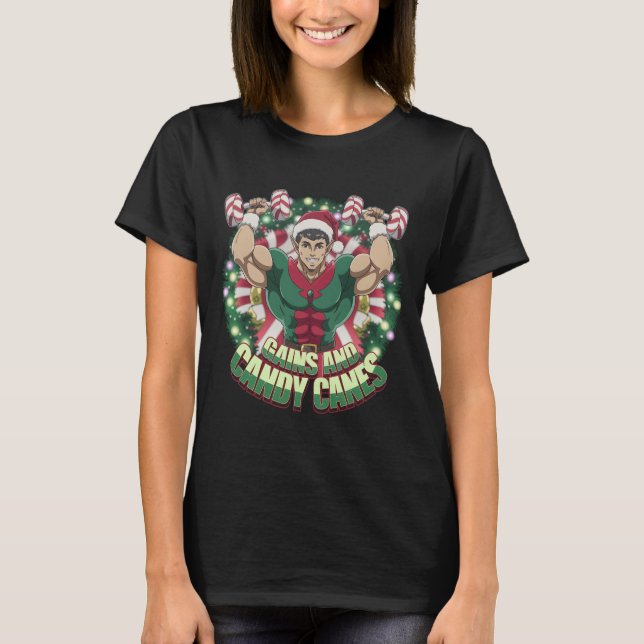 Funny Christmas Elf Gym Workout Gains And Candy Ca T Shirt (Framsida)