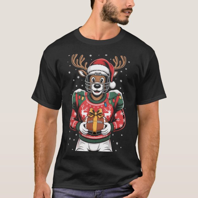 Funny Christmas Football Reindeer  T Shirt (Framsida)