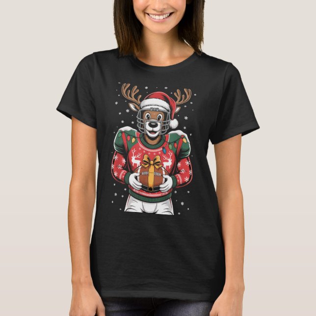 Funny Christmas Football Reindeer  T Shirt (Framsida)