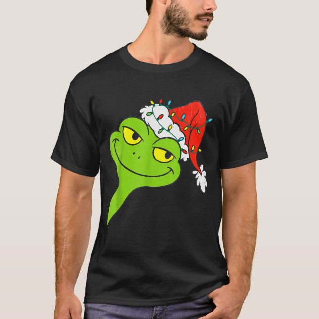 Funny Christmas Frog Wearing Santa Hat And Lights  T Shirt (Framsida)