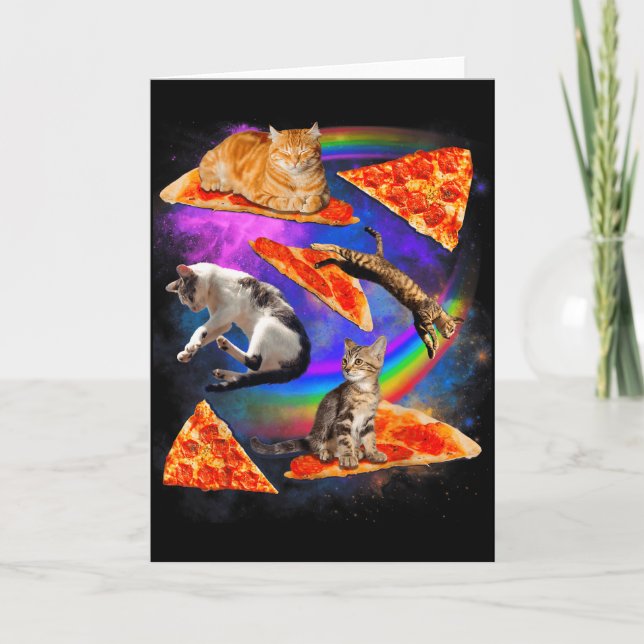 Funny Christmas Galaxy Cat In Space Cat Riding Zza Kort (Framsida)