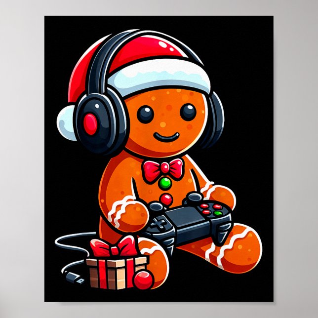 Funny Christmas Gamer Gingerbread Xmas Gaming Men  Poster (Framsidan)