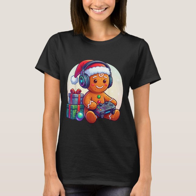 Funny Christmas Gamer Gingerbread Xmas Gaming Men  T Shirt (Framsida)