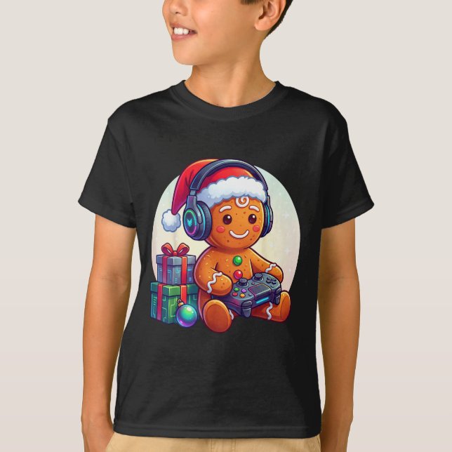 Funny Christmas Gamer Gingerbread Xmas Gaming Men  T Shirt (Framsida)