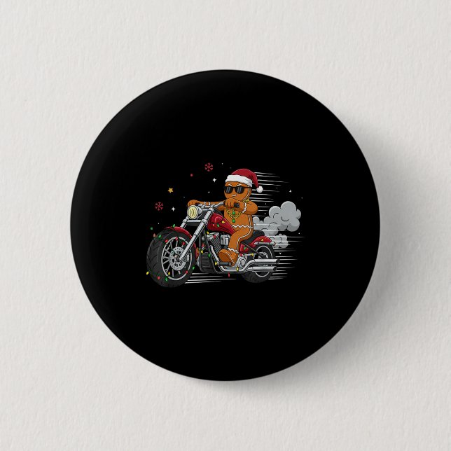 Funny Christmas Gingerbread Man Biker Riding A Mot Knapp (Framsida)