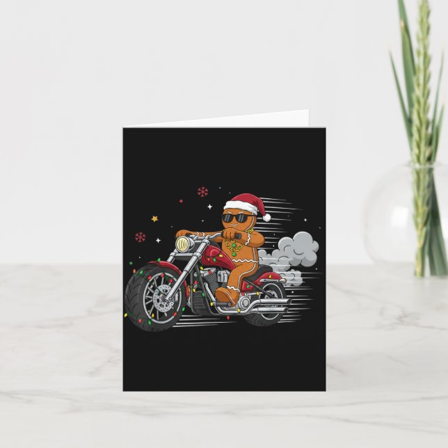 Funny Christmas Gingerbread Man Biker Riding A Mot Kort (Framsida)