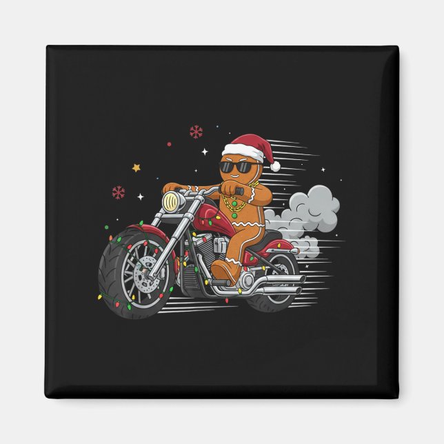 Funny Christmas Gingerbread Man Biker Riding A Mot Magnet (Framsidan)