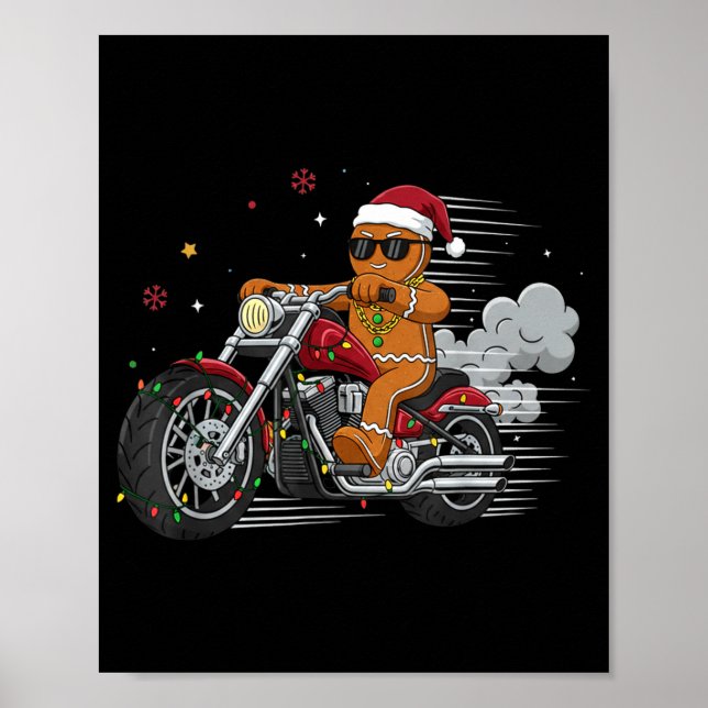 Funny Christmas Gingerbread Man Biker Riding A Mot Poster (Framsidan)