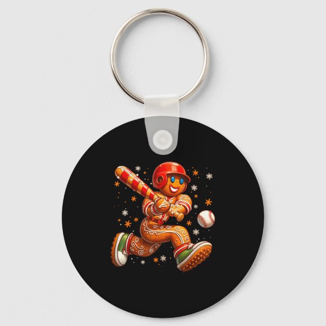 Funny Christmas Gingerbread Man Playing Baseball C Nyckelring (Framsida)