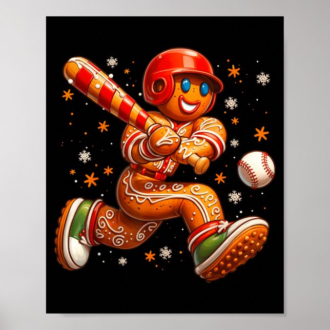 Funny Christmas Gingerbread Man Playing Baseball C Poster (Framsidan)