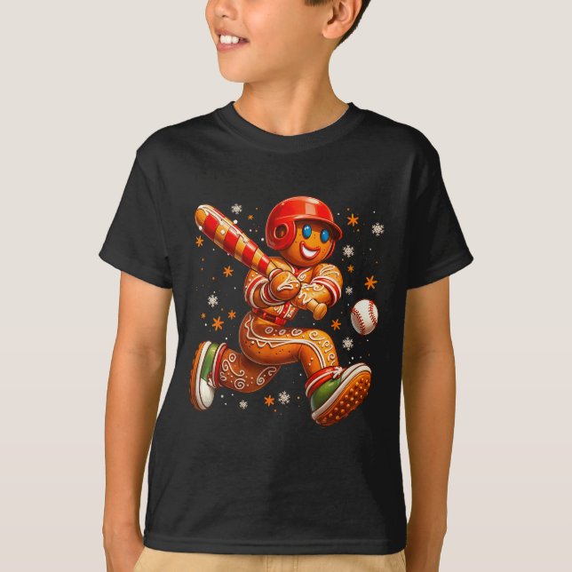 Funny Christmas Gingerbread Man Playing Baseball C T Shirt (Framsida)