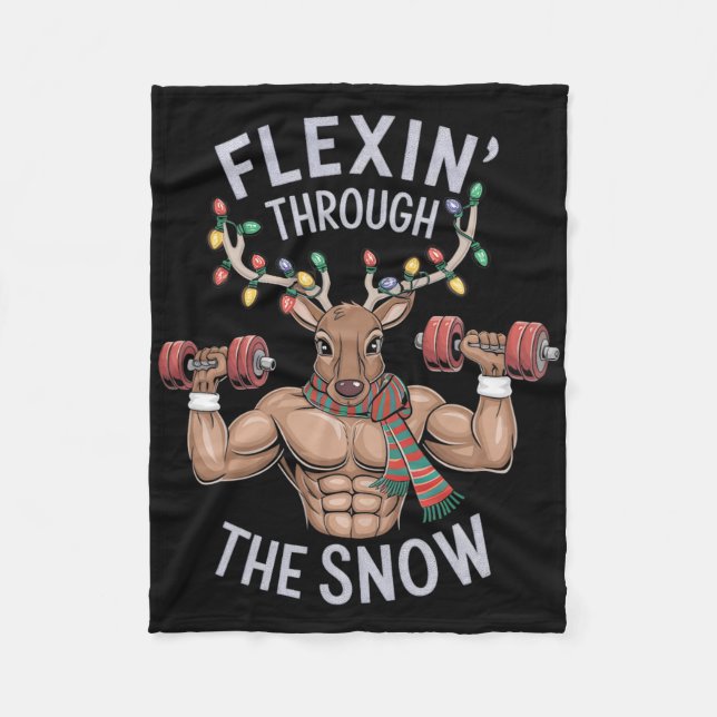 Funny Christmas Gym Workout Reindeer Flexin  Fleecefilt (Framsidan)