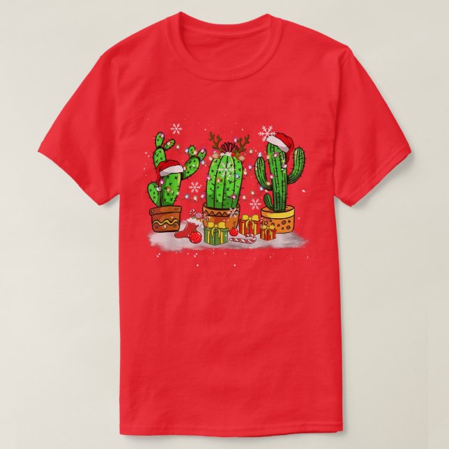 Funny Christmas Lights Cactus Santa Hat Cactus Lov T Shirt (Design framsida)