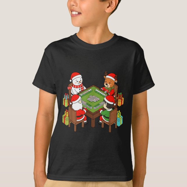 Funny Christmas Mahjong Santa Snowman Elf Reindeer T Shirt (Framsida)