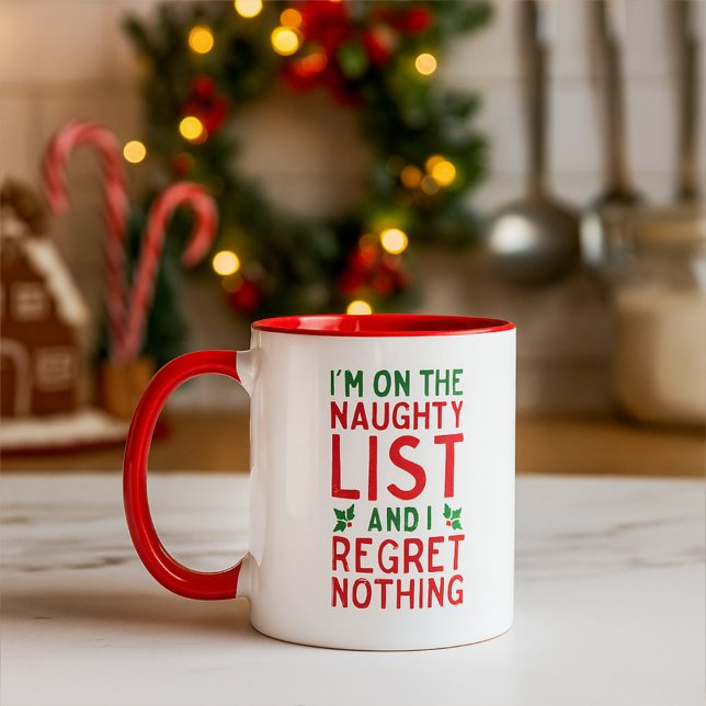Funny Christmas Naughty List and Regret Nothing  Mugg (Skapare uppladdad)