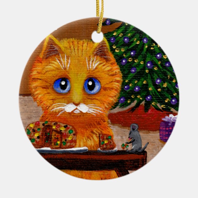 Funny Christmas Orange Cat Art Creationarts Julgransprydnad Keramik (Framsidan)