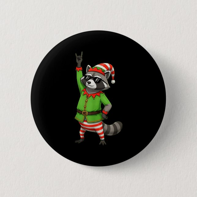 Funny Christmas Raccoon Dressed As Elf With Sungle Knapp (Framsida)