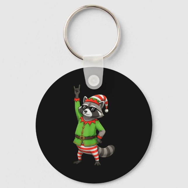 Funny Christmas Raccoon Dressed As Elf With Sungle Nyckelring (Framsida)
