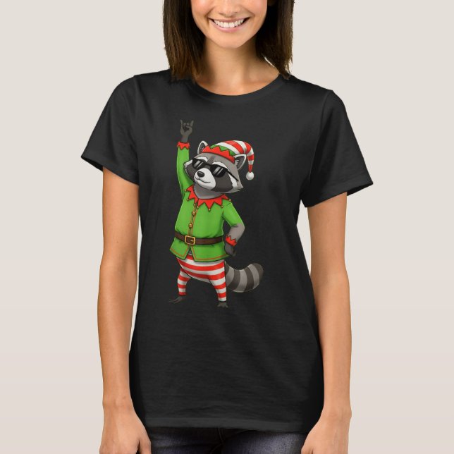 Funny Christmas Raccoon Dressed As Elf With Sungle T Shirt (Framsida)