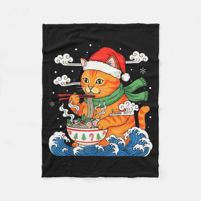 Funny Christmas Ramen Cat Eating Noodles Japanese  Fleecefilt (Framsidan)