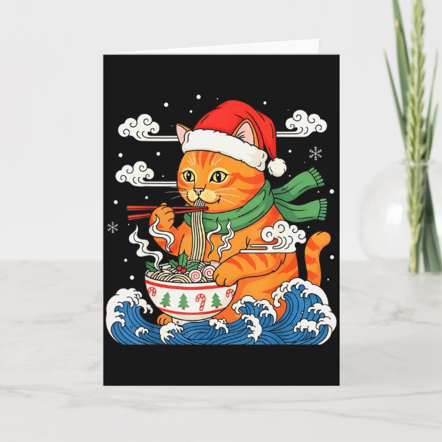 Funny Christmas Ramen Cat Eating Noodles Japanese  Kort (Framsida)