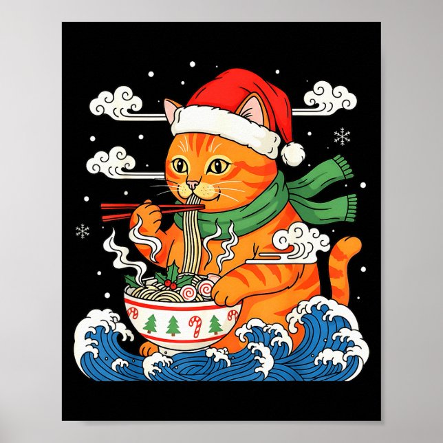 Funny Christmas Ramen Cat Eating Noodles Japanese  Poster (Framsidan)