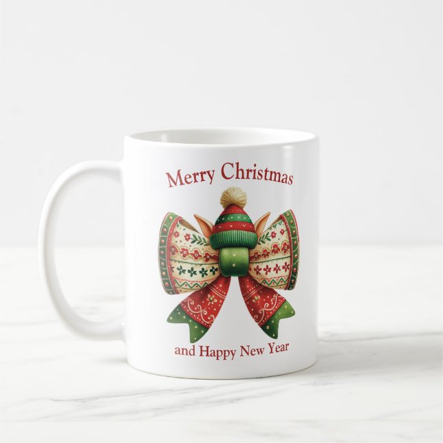 Funny Christmas rustic bow with elves hat Kaffemugg (Vänster)