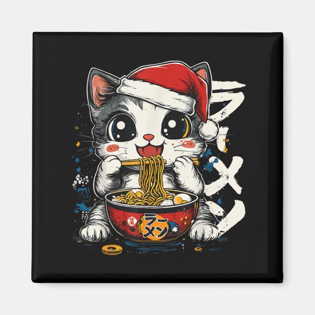 Funny Christmas Santa Cat Ramen Japanese Kawaii An Magnet (Framsidan)