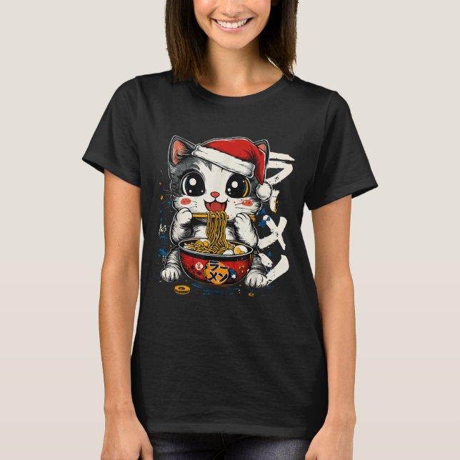 Funny Christmas Santa Cat Ramen Japanese Kawaii An T Shirt (Framsida)