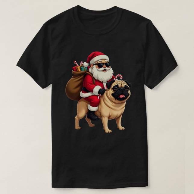 Funny Christmas Santa Riding Pug T Shirt (Design framsida)