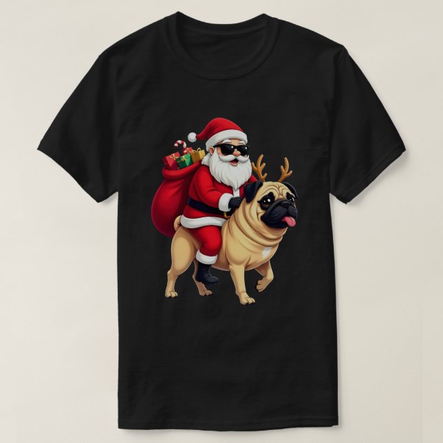 Funny Christmas Santa Riding Pug T Shirt (Design framsida)