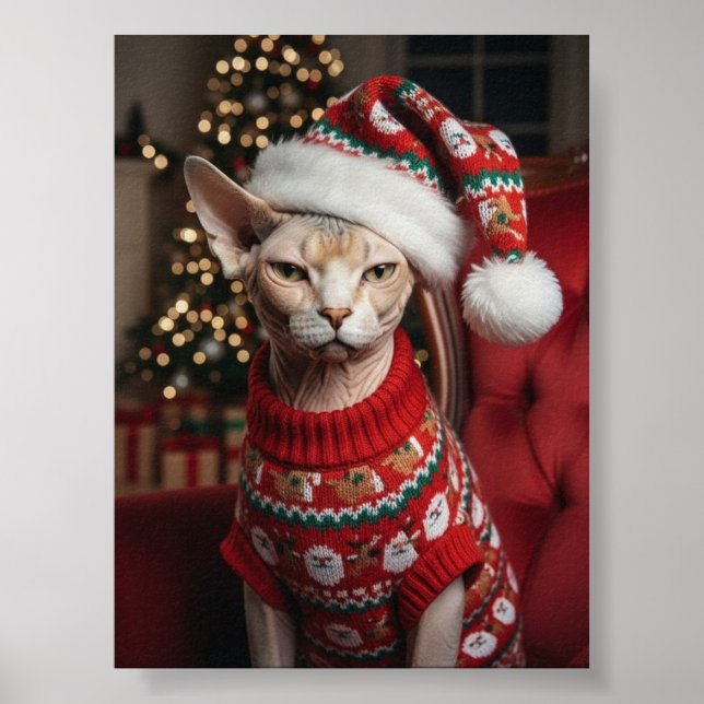 Funny Christmas Santa Sphynx Cat in Sweater Poster (Framsidan)