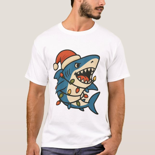 Funny Christmas Shark Santa Hat T Shirt (Framsida)