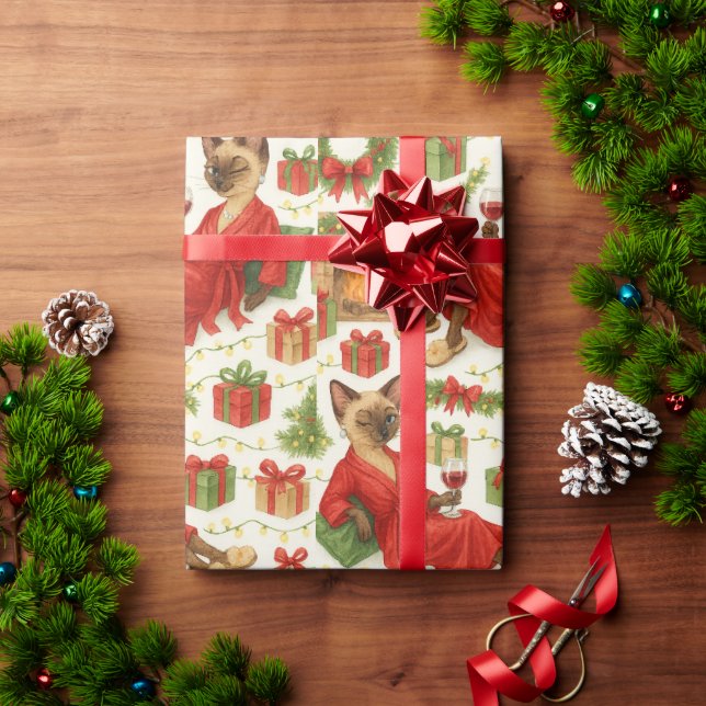 Funny Christmas Siamese Cat Pattern Holiday Chaos Presentpapper (Julgåva)