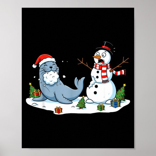Funny Christmas Snowman Sea Lion Xmas Mens Womens  Poster (Framsidan)