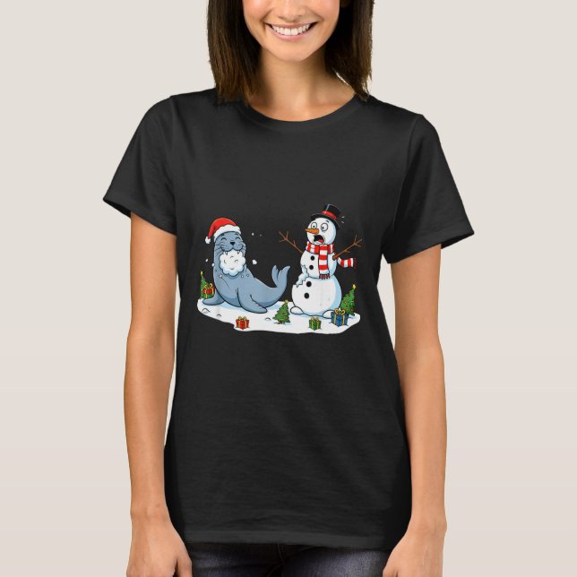 Funny Christmas Snowman Sea Lion Xmas Mens Womens  T Shirt (Framsida)