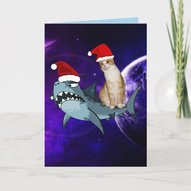 FUNNY CHRISTMAS SPACE CAT & SHARK GREETING CARD TACK KORT (Framsida)