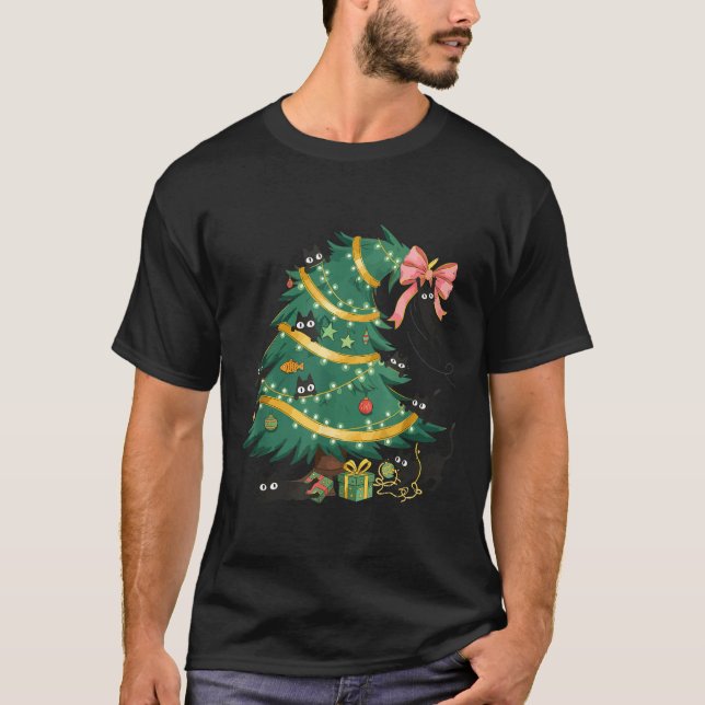 Funny Christmas Tree Cute Black Cat Matching Famil T Shirt (Framsida)