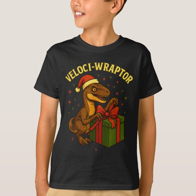 Funny Christmas Velociraptor Pun Veloci-wraptor  T Shirt (Framsida)
