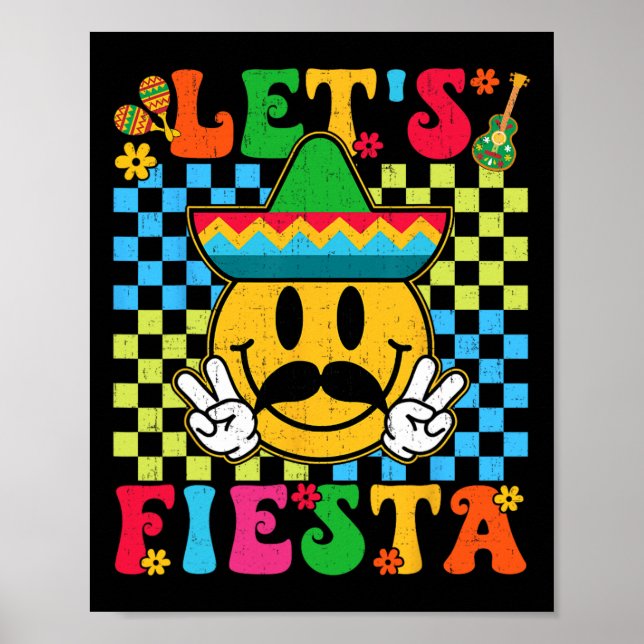 Funny Cinco De Mayo Checkered Låt oss Fiesta Smile Poster (Framsidan)
