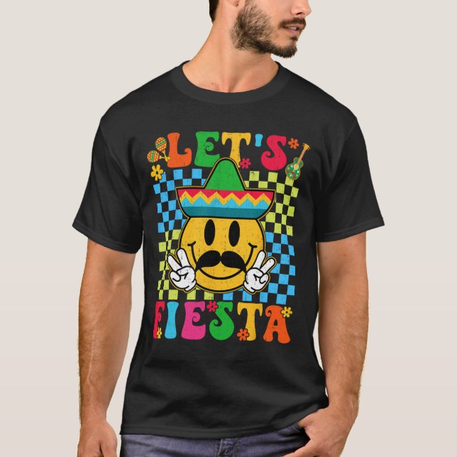 Funny Cinco De Mayo Checkered Låt oss Fiesta Smile T Shirt (Framsida)