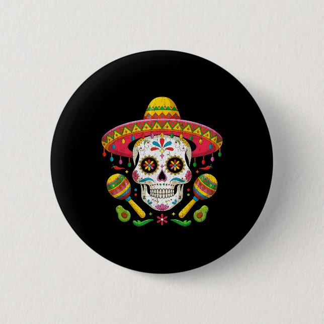 Funny Cinco De Mayo Funny Skull med Sombrero Hat Knapp (Framsida)