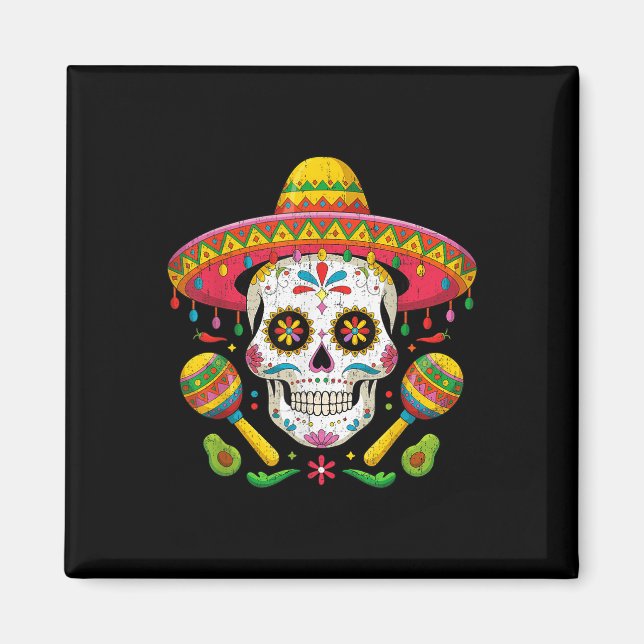 Funny Cinco De Mayo Funny Skull med Sombrero Hat Magnet (Framsidan)