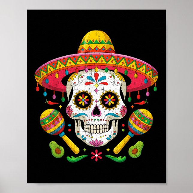 Funny Cinco De Mayo Funny Skull med Sombrero Hat Poster (Framsidan)