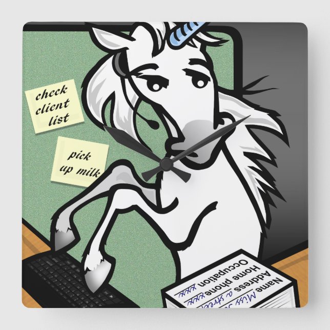 FUNNY CLERICAL UNICORN SQUARE CLOCK FYRKANTIG KLOCKA (Framsida)