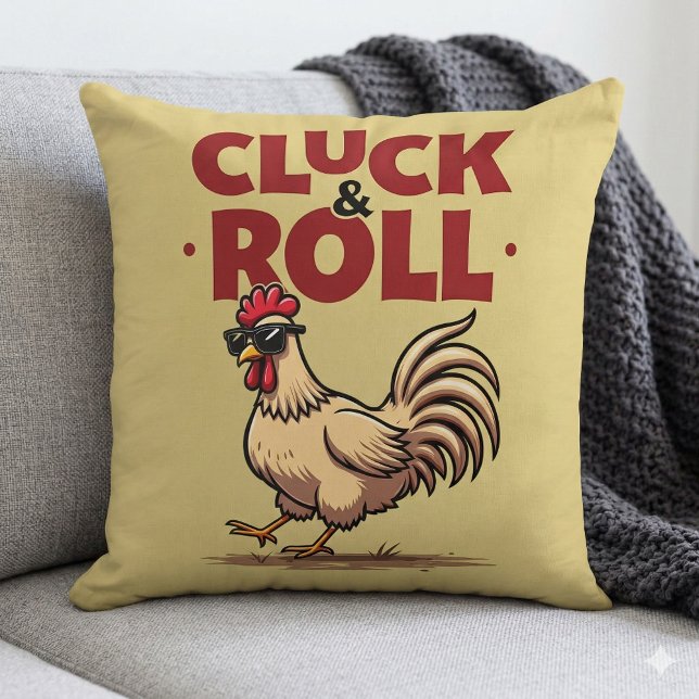 Funny "Cluck & Roll" Tupp Tecknad Coola Design Kudde (Funny Cluck & Roll Cool Rooster Cartoon Design Throw Pillow  Mockup A)