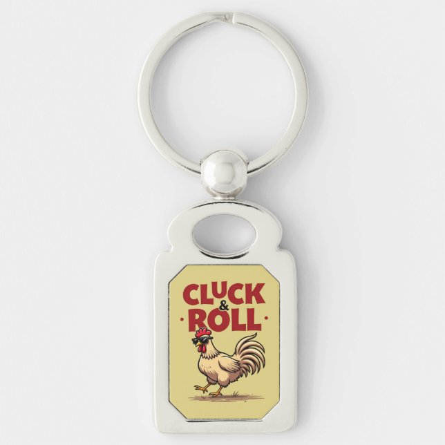 Funny "Cluck & Roll" Tupp Tecknad Coola Design Rektangulärt Silverfärgad Nyckelring (Framsidan)