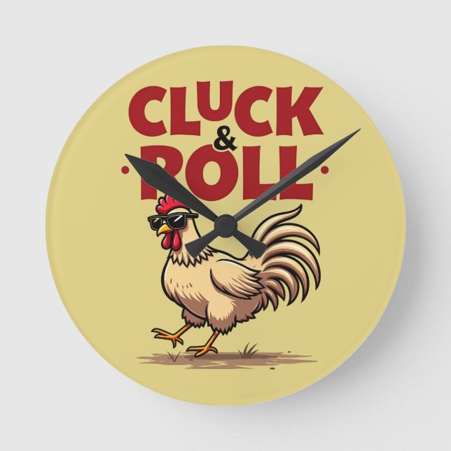 Funny "Cluck & Roll" Tupp Tecknad Coola Design Rund Klocka (Framsida)