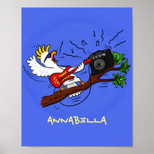 Funny cockatoo playing rock guitar cartoon poster