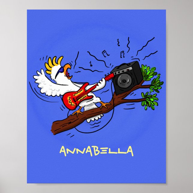 Funny cockatoo playing rock guitar cartoon poster (Framsidan)